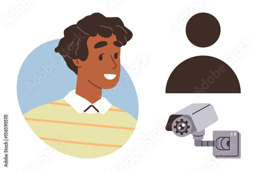 Smiling person, user profile icon, and security camera symbolizing monitoring, data privacy, and tech solutions. Ideal for AI, biometrics, security, privacy user authentication digital identities