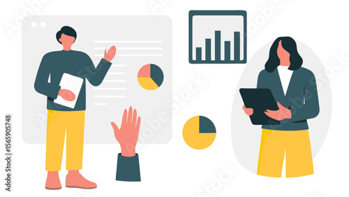 Presentation with graphs and charts showing business analysis and data interpretation by professionals