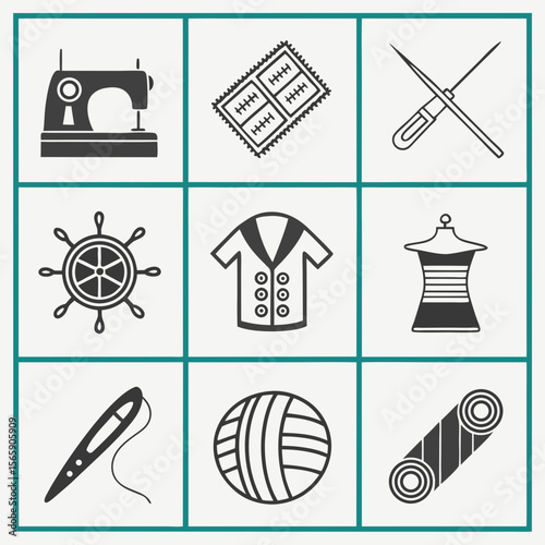 Collection of sewing and tailoring icons including a sewing machine and needle