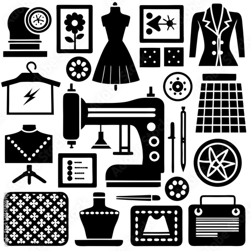 Collection of sewing and fashion design icons in black silhouette on white background
