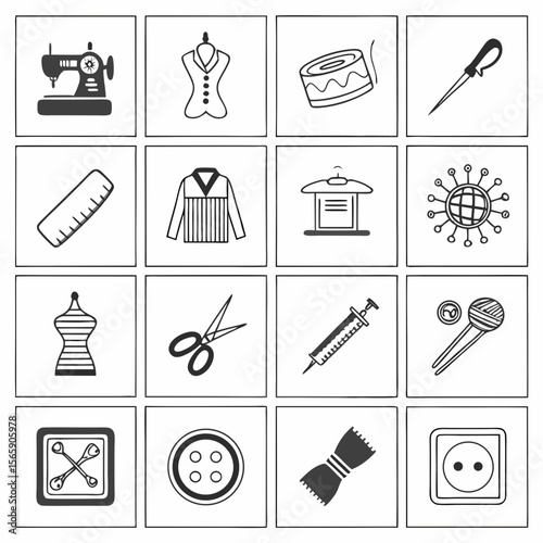 Collection of sewing and tailoring icons in a grid format