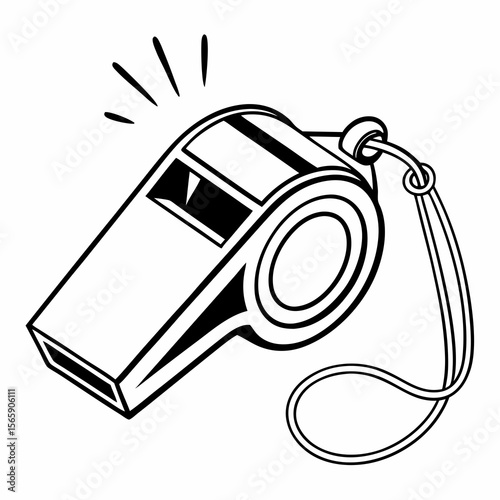 Black and white illustration of a whistle with a lanyard and sound waves