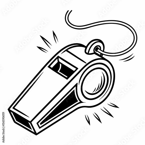 Black and white illustration of a sports whistle with a lanyard and sound waves
