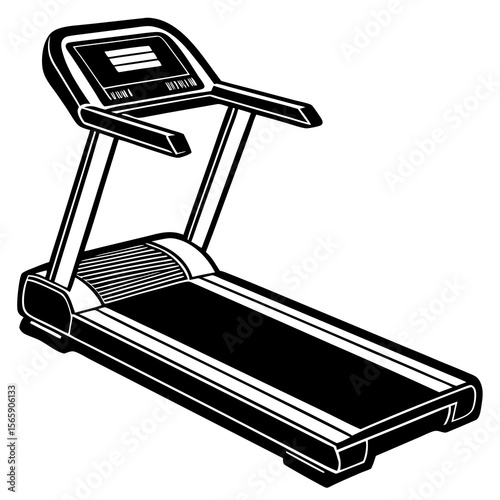 Black and white illustration of a modern treadmill on a white background