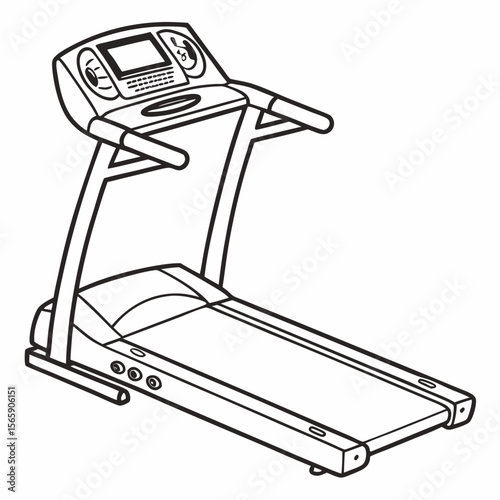 Black and white line drawing of a modern treadmill for exercise and fitness