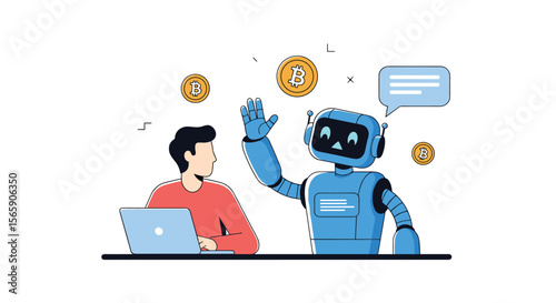 Artificial intelligence assisting a person with technology and communication in a modern digital environment with data and financial symbols