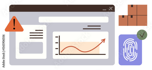 Graph with upward trend, warning sign, biometric fingerprint verification, checked box, and packages. Ideal for analytics, logistics, security, growth tracking authorization risk management simple