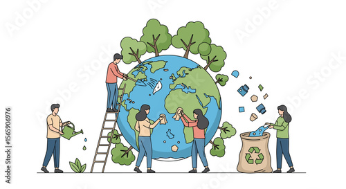 People working together to plant trees and recycle waste to protect the planet from environmental damage