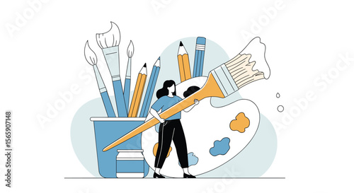 Creative Artist Demonstrates Artistic Skill with Paintbrush Palette and Drawing Supplies