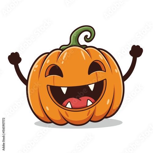 Black-and-white line art of a cheerful pumpkin character with raised fists, a wide open mouth showing fangs and tongue, and a joyful expression that captures festive Halloween spirit.