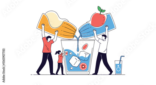 Family prepares healthy refreshing beverage with fresh fruits and ice cubes in a large glass creating delicious summer drinks together