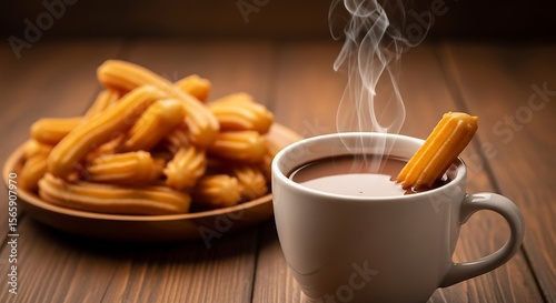 A plate of churros with a cup of hot chocolate and steam on a wooden table