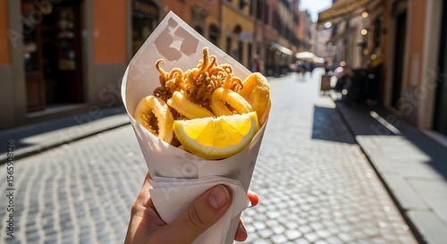 Fototapeta Naklejka Na Ścianę i Meble -  Hand holding fried calamari and lemon in paper cone on a street in italy