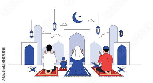 Muslim Family Praying Together During Ramadan Evening Worship inside a Mosque with Crescent Moon and Lanterns
