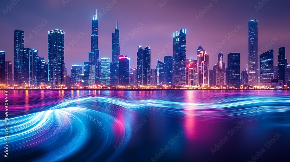 Fototapeta premium A high-tech cityscape with neon waves sweeping across the skyline illuminating the night with stunning clarity