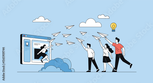 Diverse team launching paper airplanes from digital portal symbolizing shared ideas and collaborative innovation reaching for success