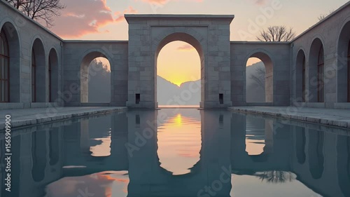 Serene Architecture with Arches and Water Reflections at Sunset Peaceful Tranquility
