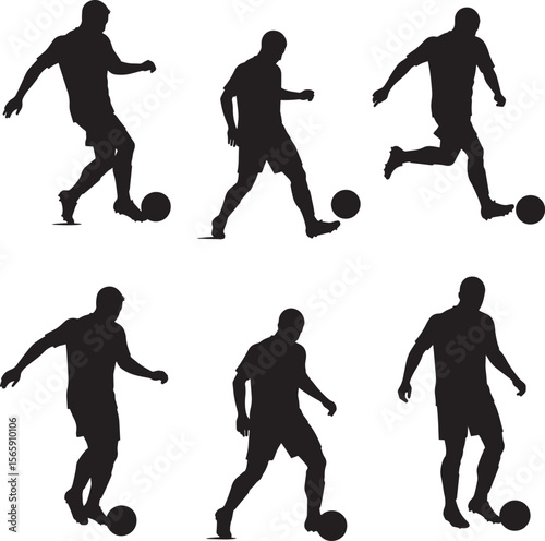 Soccer Player Silhouette Vector Set. Dribbling, Kicking, and Action Poses for Football Graphics.