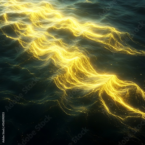 A series of glowing neon yellow waves sweeping across a dark background creating beautiful light reflections
