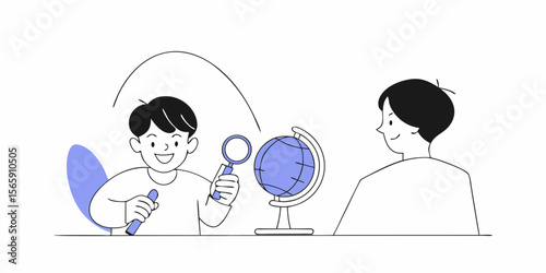 Child Exploring Geography with Globe and Magnifying Glass