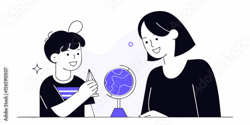 Mother and Child Learning Geography with a Globe