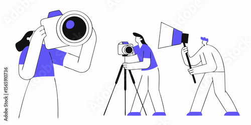 Team of Photographers with Cameras and Lighting Equipment Illustration for Photography and Media Concepts
