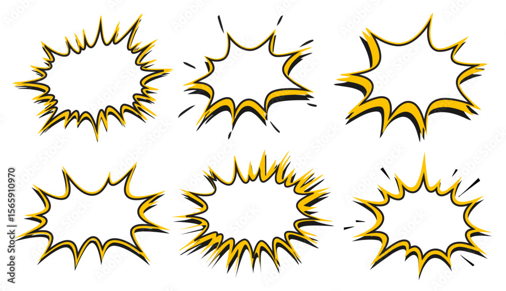Fototapeta premium Comic Speech Bubble Explosion Set. Hand Drawn Comic Burst Outline Elements. Yellow Comic Style Dialogue Frames for Pop Art.