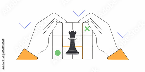 Hands Holding Strategy Board with Chess Piece Illustration for Planning and Decision Making