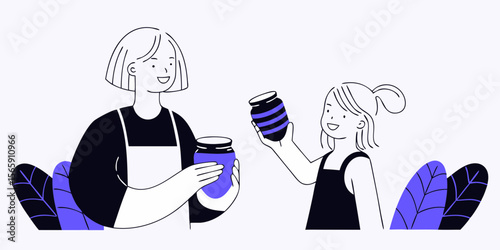 Mother and Daughter Holding Jars Illustration for Homemade Food and Family Activities
