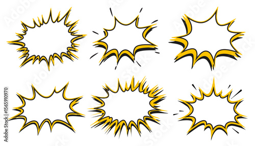 Comic Speech Bubble Explosion Set. Hand Drawn Comic Burst Outline Elements. Yellow Comic Style Dialogue Frames for Pop Art.