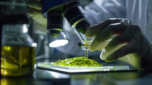 Gloved Hands Applying Amber Cannabis Oil on Slide for Scientific Microscope Analysis