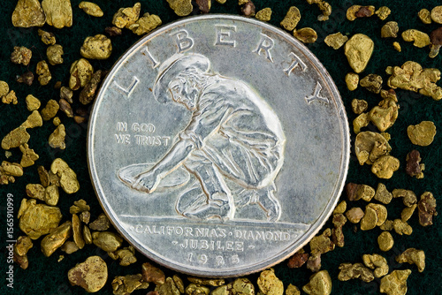 1925 California's Diamond Jubilee Silver Half Dollar. San Francisco Mint Commemorative Coin USA. Surrounded by Natural California Gold Nuggets.

