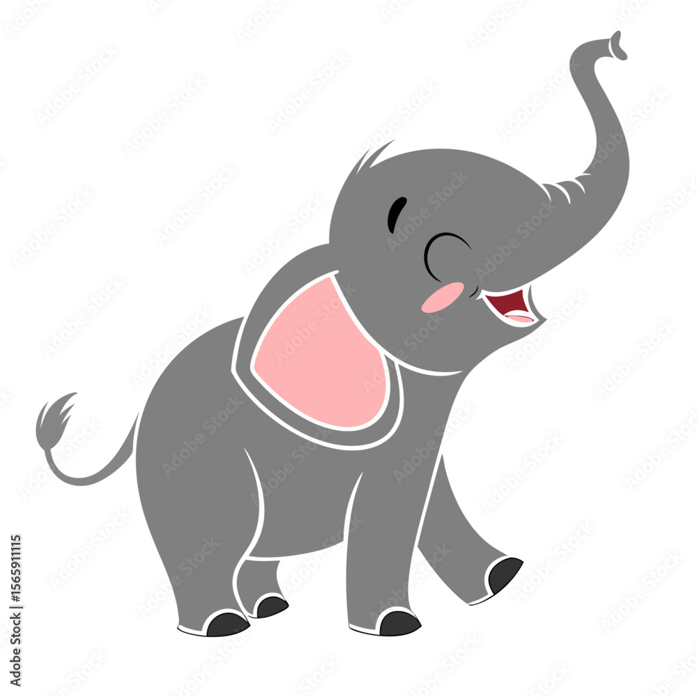 Fototapeta premium Flat Vector Illustration of a Cute Smiling Elephant with Big Ears