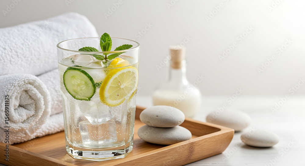 Refreshing Glass of Lemon Cucumber Water in a Spa Setting variation 3 Refreshing Glass of Lemon Cucumber Water in a Spa Setting variation 3