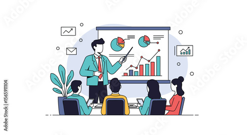 Business professionals collaborating on financial data analysis and strategic planning during a lively presentation session