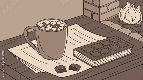hot drink with chocolate on table by fire