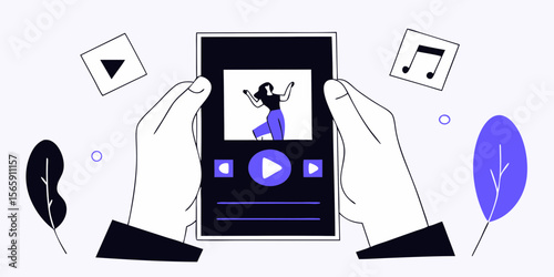 Hands Holding Smartphone with Music Player App – Streaming and Audio Entertainment Illustration

