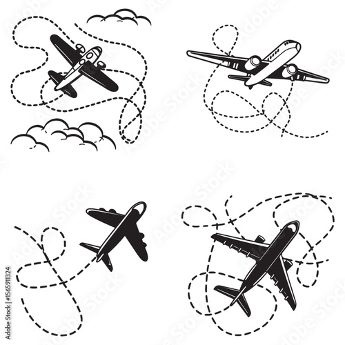  Line path vector icons of air plane flight routes with start point and 
dash line trace. Travel concept Dotted path airplane Aircraft tracking.
