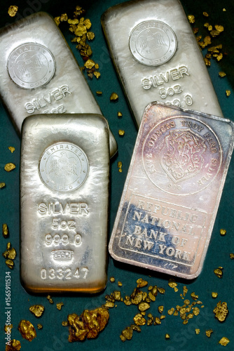 Five Ounce Silver Bars Surrounded by Natural California Gold Nuggets
