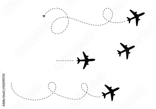 Airplane Icons with Dashed Route Line on White Background Design Elements
