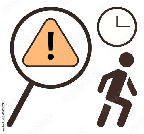 Magnifying glass highlighting warning sign with figure walking and clock element. Ideal for caution, urgency, safety, management, productivity, risk analysis, workplace. Simple flat metaphor