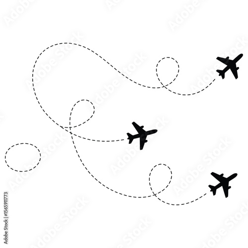 Airplanes Flying With Dotted Route Lines on White Background, Travel, Transportation