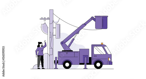 Illustration of an Electrician in a Bucket Truck Performing Aerial Utility Work and Power Line Maintenance