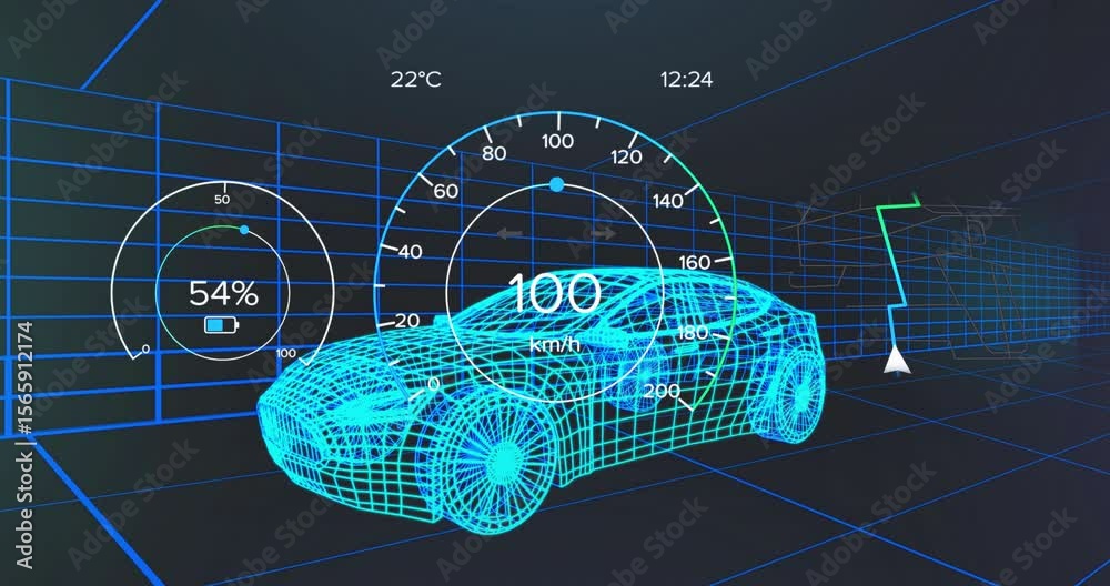 On simulation start wireframe sports car accelerating from 9 to 100 km or h then decelerating for de
