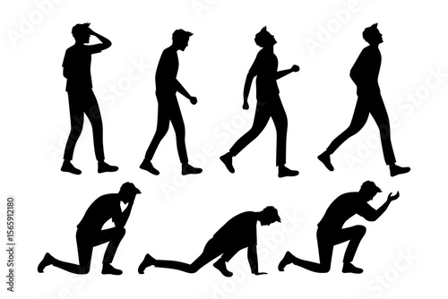 Set of male silhouette poses showing stress, sadness, and emotional exhaustion. Useful for illustrating mental health, burnout, failure, or crisis situations.