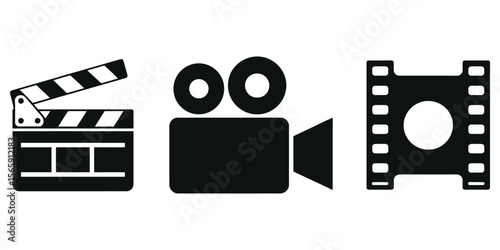 Movie Slate, Film Reel and Camera Icon Set on White Background Cinema Elements