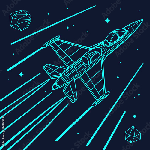 Futuristic jet fighter flying through space with stars and geometric shapes
