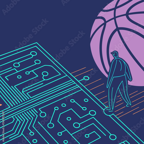 Futuristic athlete standing on circuit board with large basketball in background