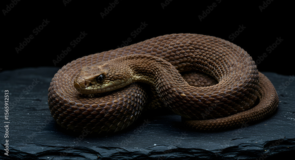Fototapeta premium Magnificent Brown Snake Coiled on Dark Stone Dramatic Reptile Wildlife Photography