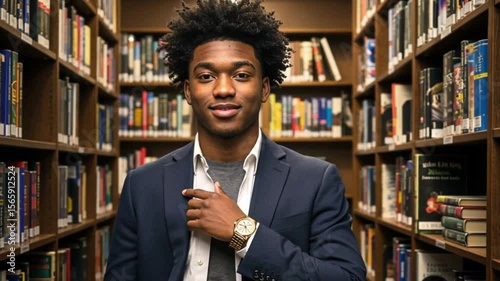 Young man in a library setting